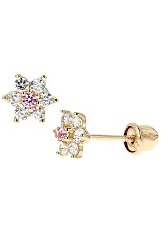 small yellow gold pink flower baby birthstone earrings